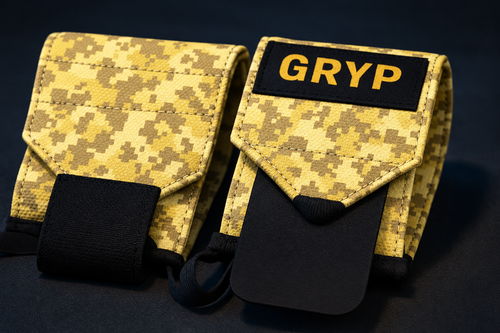 Muñequeras GRYP Camo Amarillo enrolladas, vista frontal